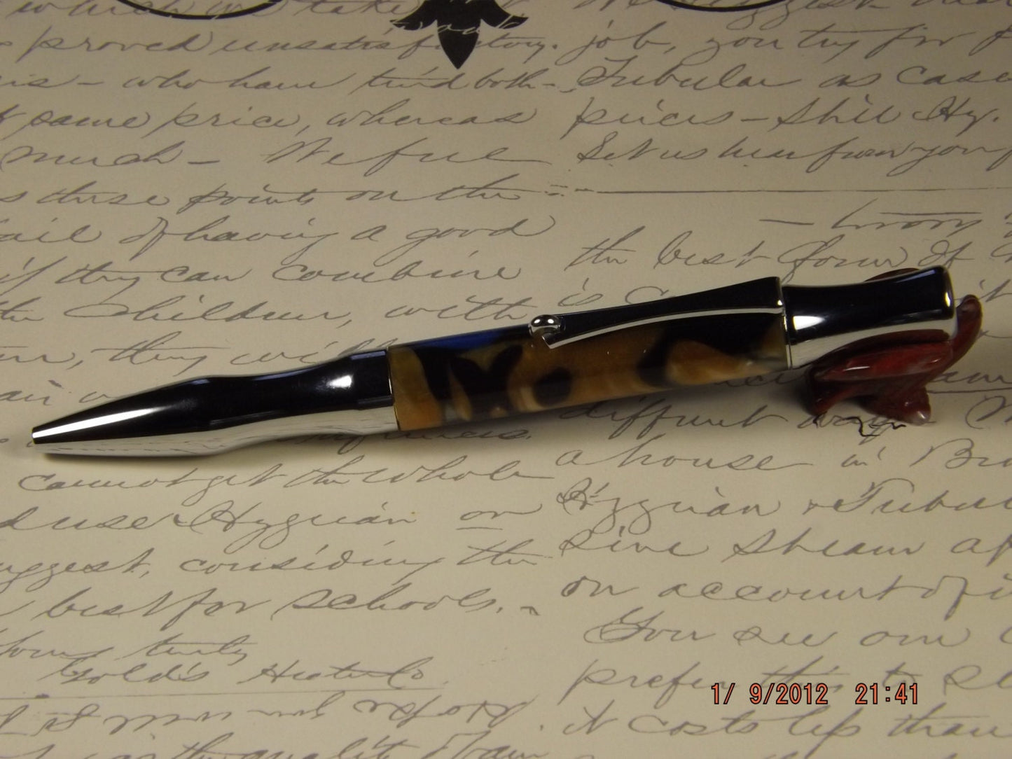 Handmade Acrylic Pen, Blue and Gold with Black swirl twist Virage style Pen