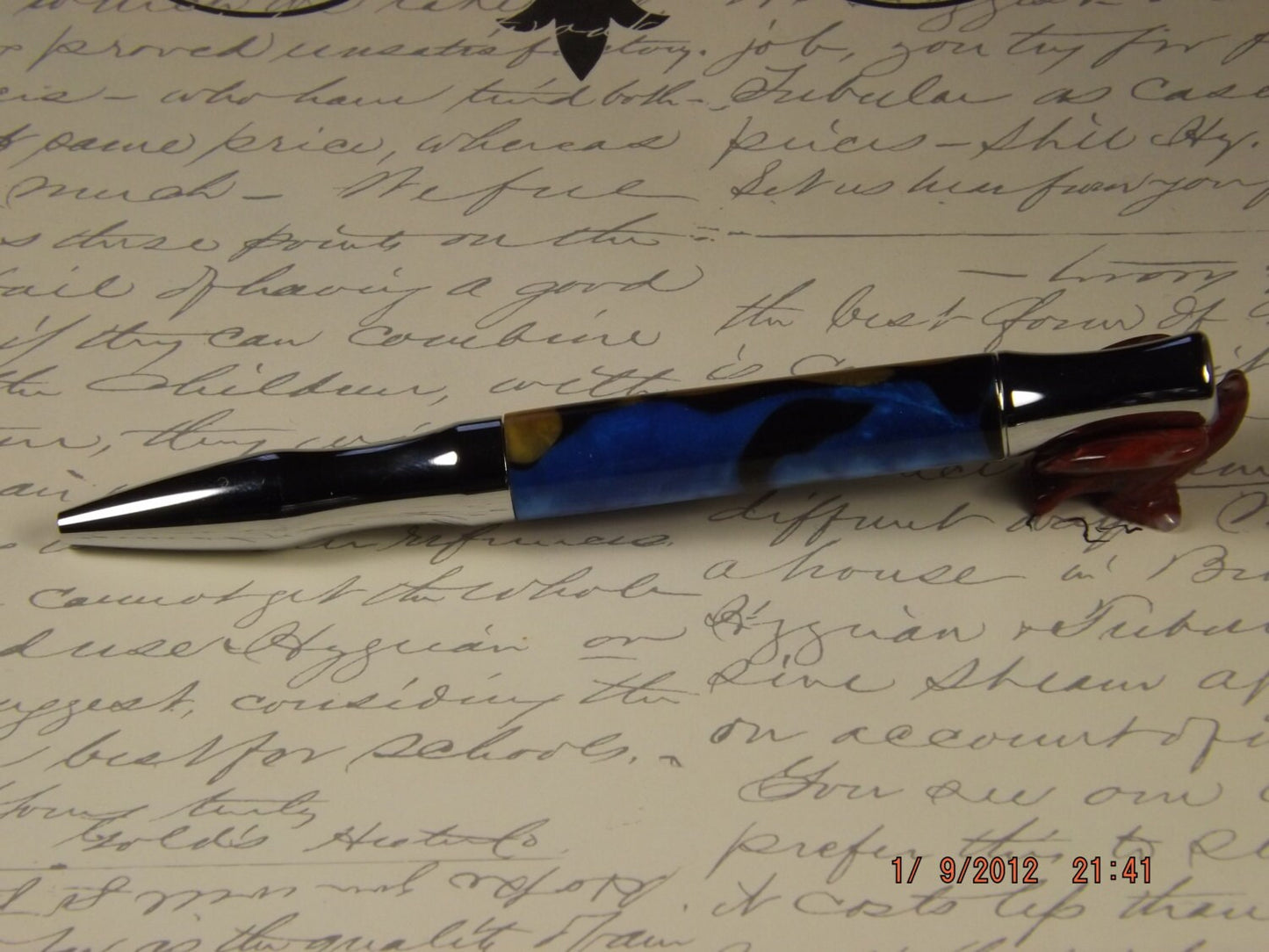 Handmade Acrylic Pen, Blue and Gold with Black swirl twist Virage style Pen
