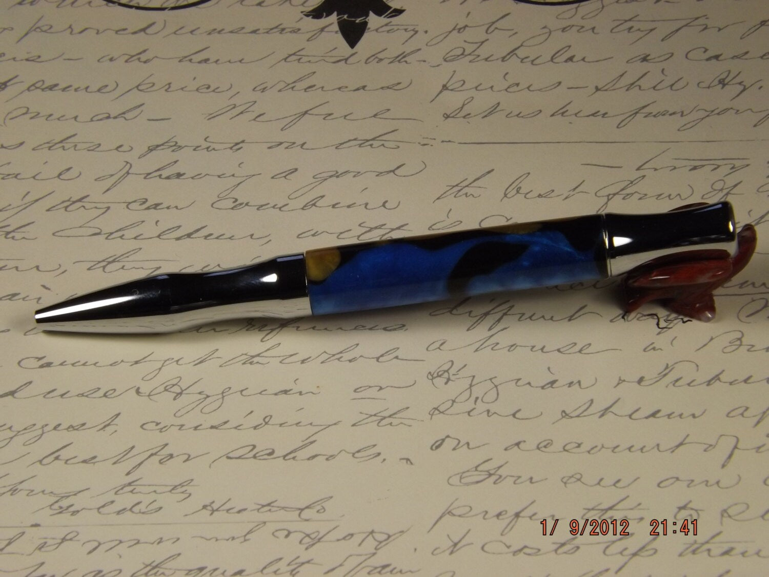 Handmade Acrylic Pen, Blue and Gold with Black swirl twist Virage style Pen
