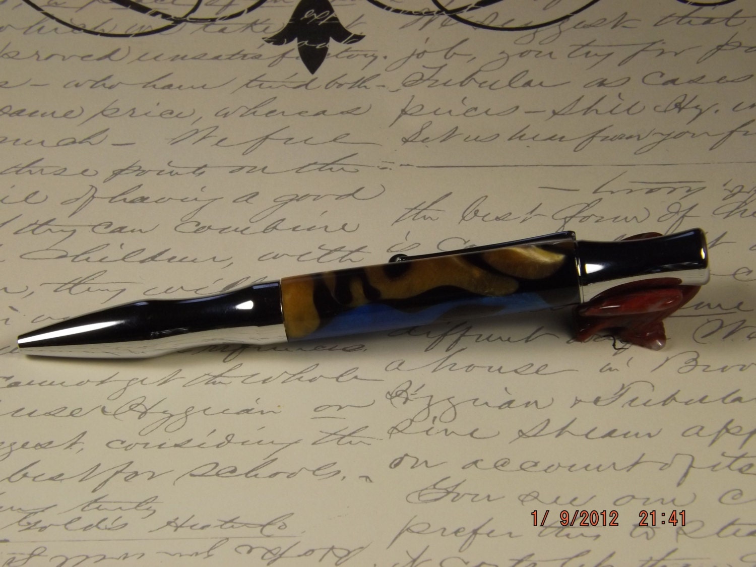 Handmade Acrylic Pen, Blue and Gold with Black swirl twist Virage style Pen
