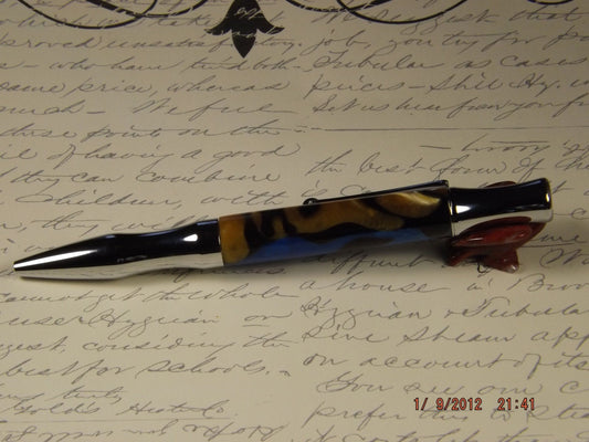 Handmade Acrylic Pen, Blue and Gold with Black swirl twist Virage style Pen