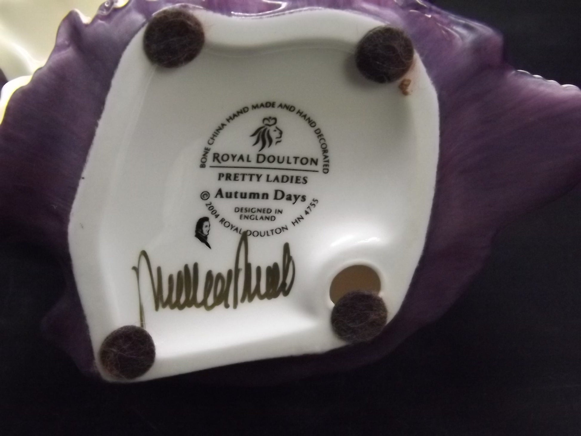 Vintage Royal Doulton Figurine: "Autumn Days" HN 4755, Purple Gown, Signed