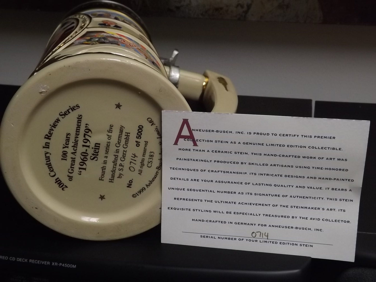 Vintage 1997 Limited Edition #714/5000 Anheuser Busch 100 years great achievement 20th Century in Review 1960 - 1979 Stein with box and COA.