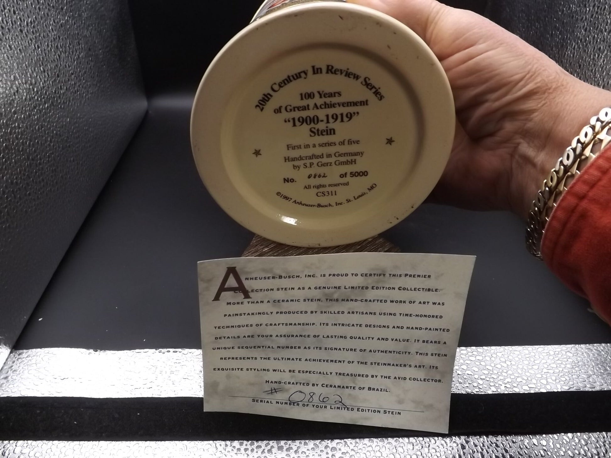 Vintage 1997 Limited Edition #862/5000 Anheuser Busch 100 years great achievement 20th Century in Review 1900 - 1919 Stein with box and COA.