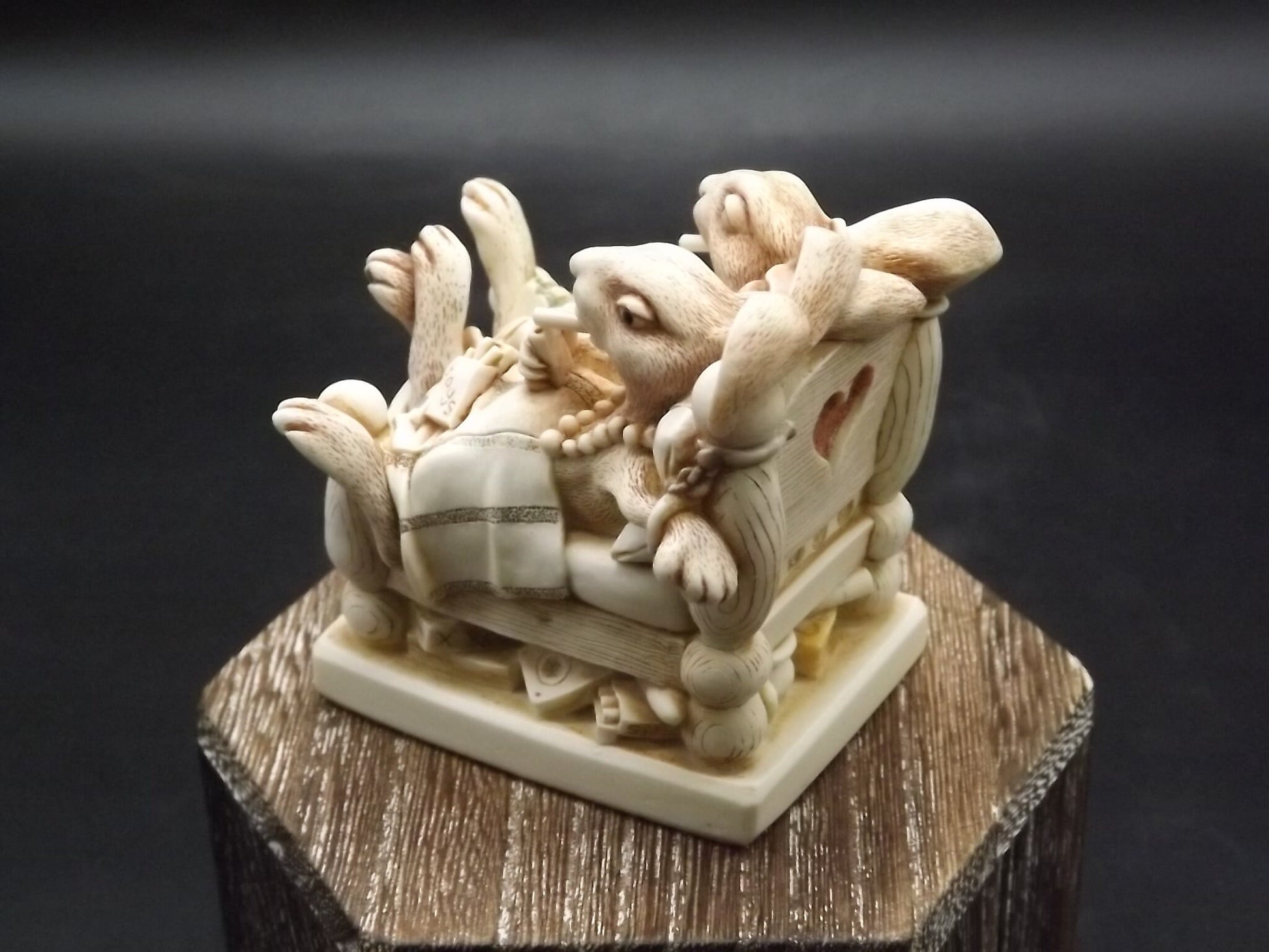 Harmony Kingdom "Smoking Section" two rabbits enjoying a cigarettes afterwards. Limited to 1000 pieces. Hand Autographed. No original box.