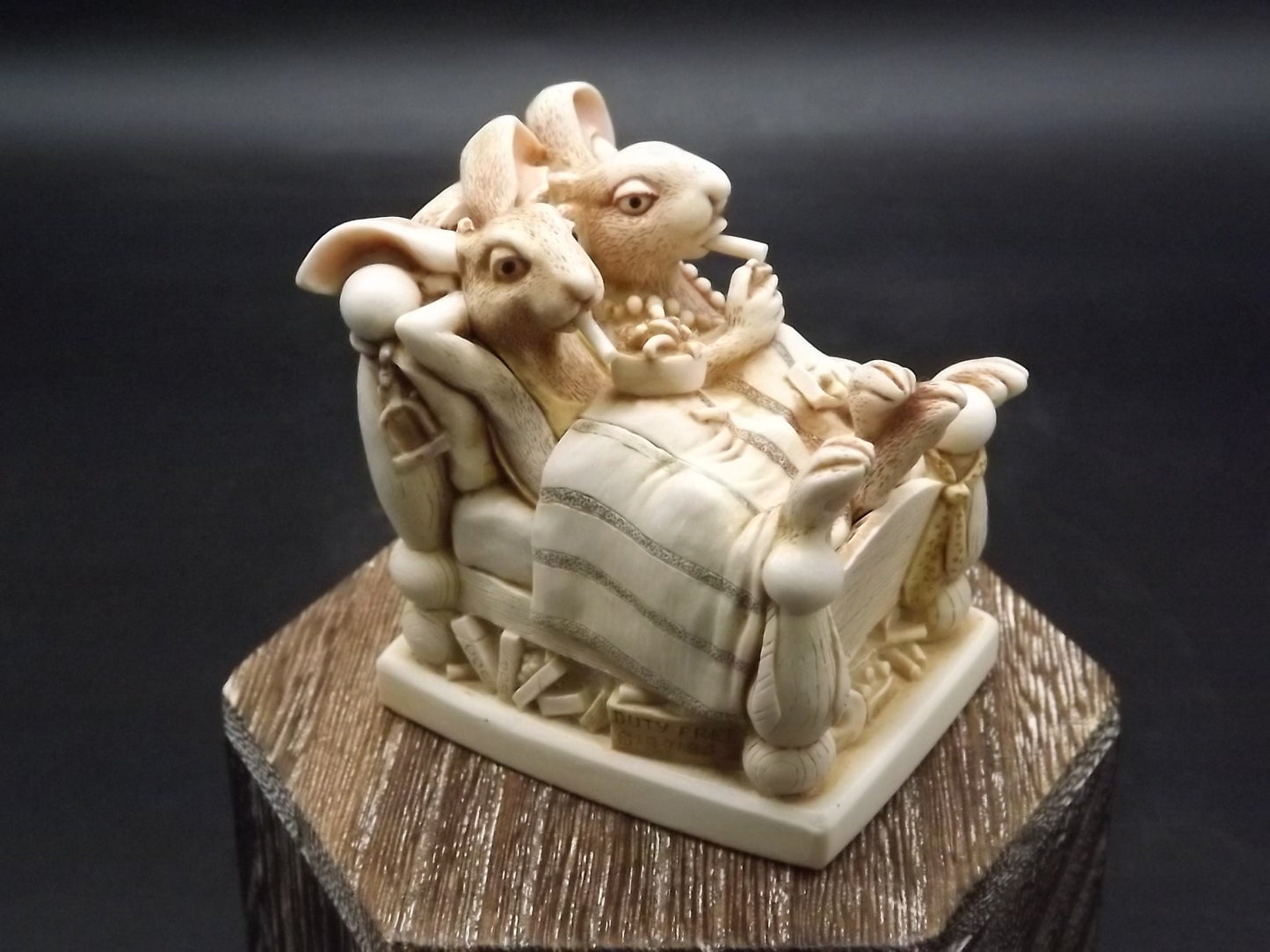 Harmony Kingdom "Smoking Section" two rabbits enjoying a cigarettes afterwards. Limited to 1000 pieces. Hand Autographed. No original box.