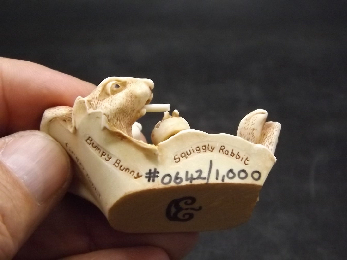 Harmony Kingdom "Smoking Section" two rabbits enjoying a cigarettes afterwards. Limited to 1000 pieces. Hand Autographed. No original box.