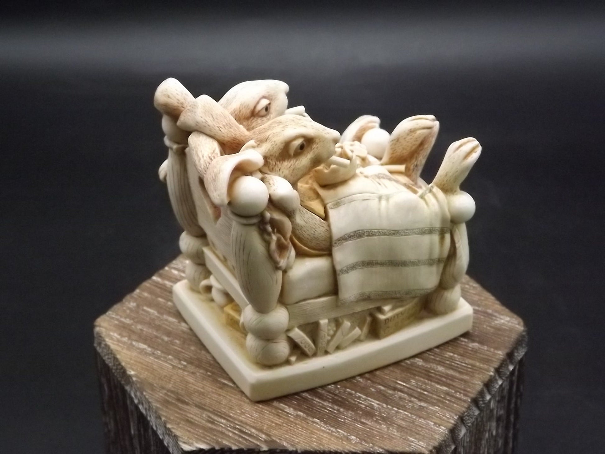 Harmony Kingdom "Smoking Section" two rabbits enjoying a cigarettes afterwards. Limited to 1000 pieces. Hand Autographed. No original box.