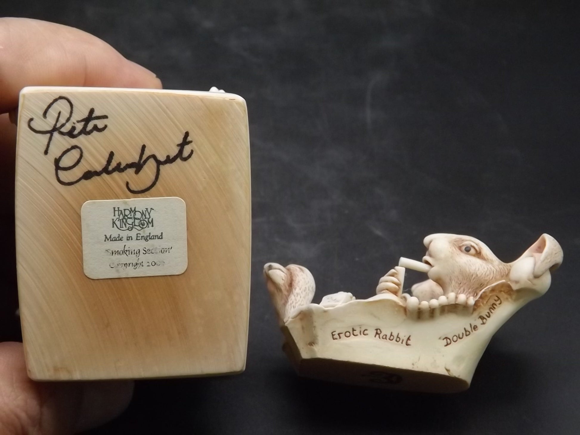 Harmony Kingdom "Smoking Section" two rabbits enjoying a cigarettes afterwards. Limited to 1000 pieces. Hand Autographed. No original box.