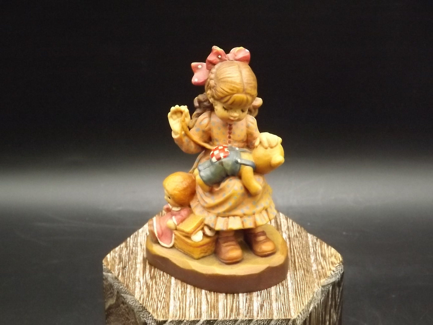 Vintage Anri "Good as new" carved wood figurine. Designed by Sarah Kay numbered 2057/4000. Young girl repairing her Teddy Bear.