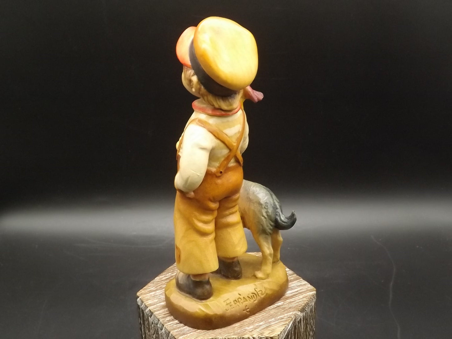 Vintage Anri "High Hopes" carved wood figurine. Designed by Juan Ferrandiz. Young boy with his pet dog and a bird perched on his shoulder.