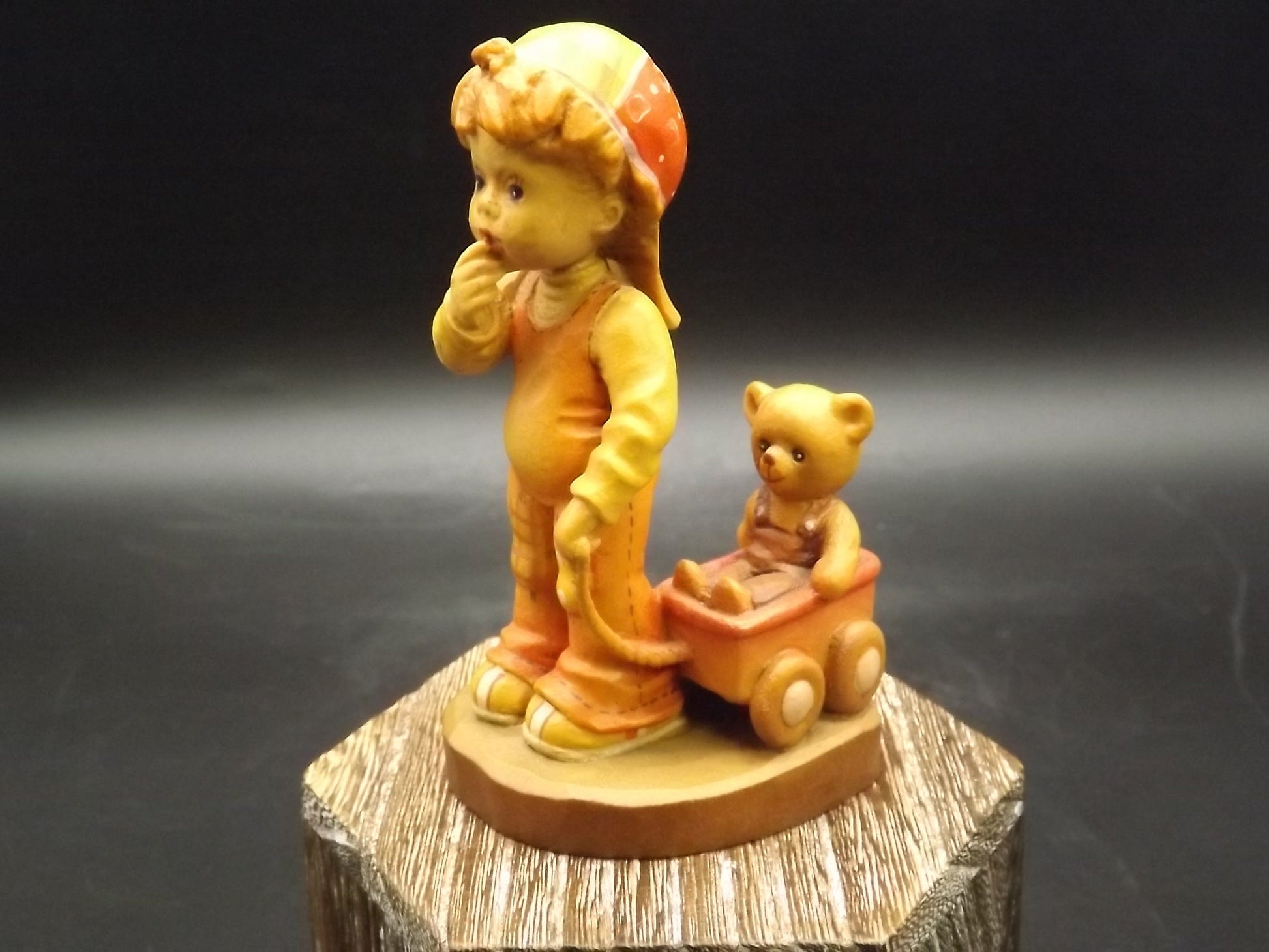 Vintage Anri Wood Figurine: Boy with Teddy Bear Wagon, Sarah Kay Design