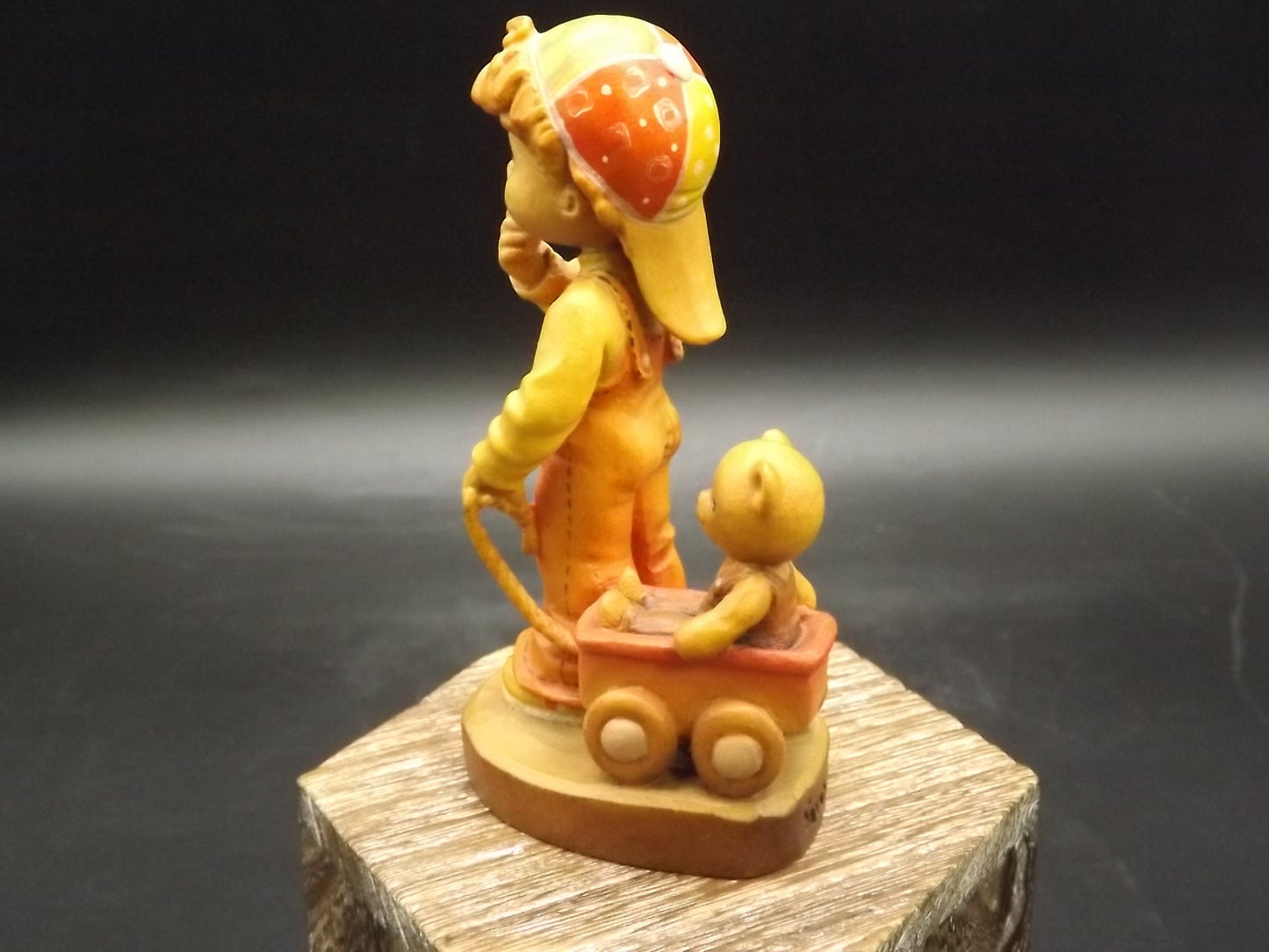 Vintage Anri Wood Figurine: Boy with Teddy Bear Wagon, Sarah Kay Design