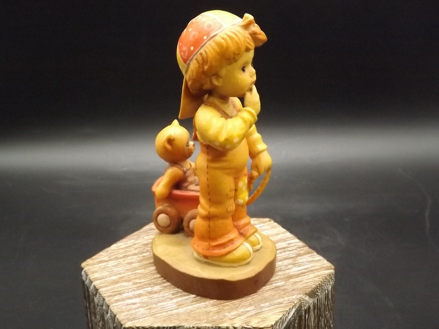 Vintage Anri Wood Figurine: Boy with Teddy Bear Wagon, Sarah Kay Design