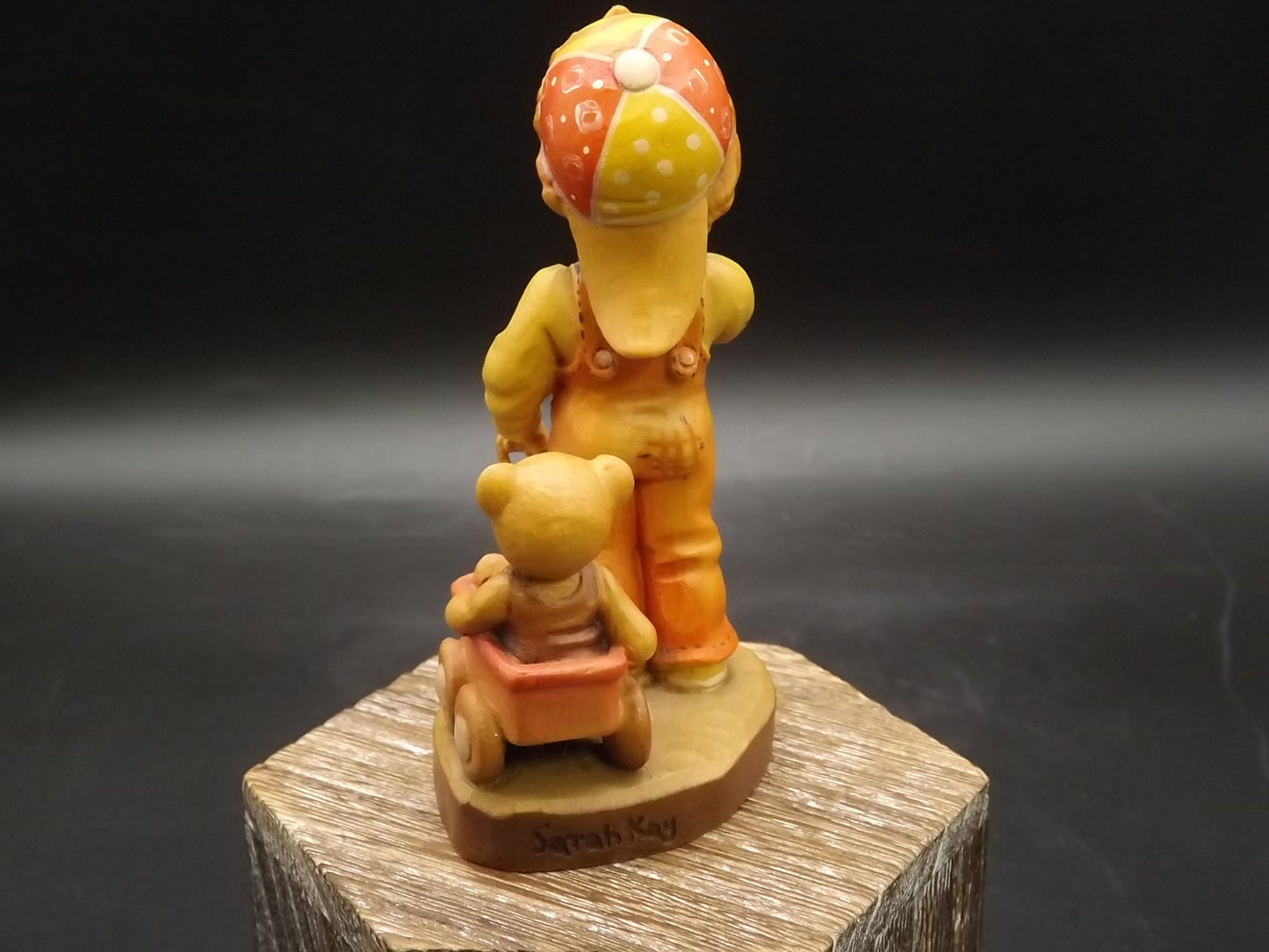 Vintage Anri Wood Figurine: Boy with Teddy Bear Wagon, Sarah Kay Design