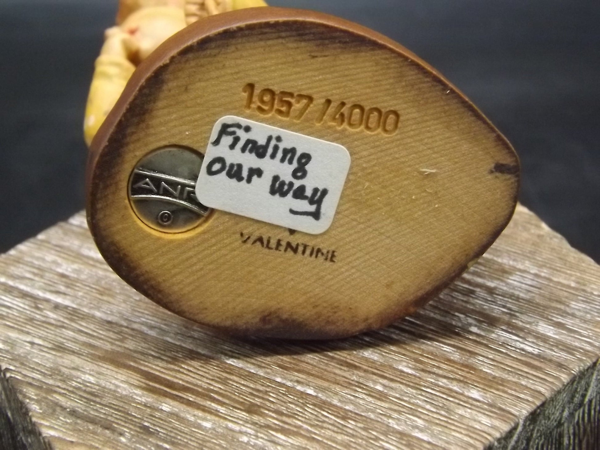 Vintage Anri Wood Figurine: Boy with Teddy Bear Wagon, Sarah Kay Design