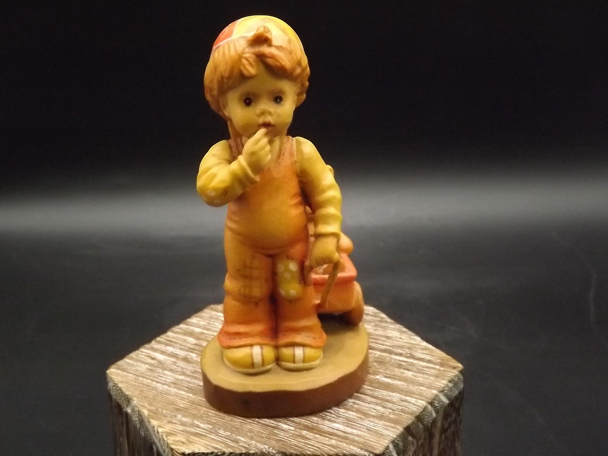 Vintage Anri Wood Figurine: Boy with Teddy Bear Wagon, Sarah Kay Design