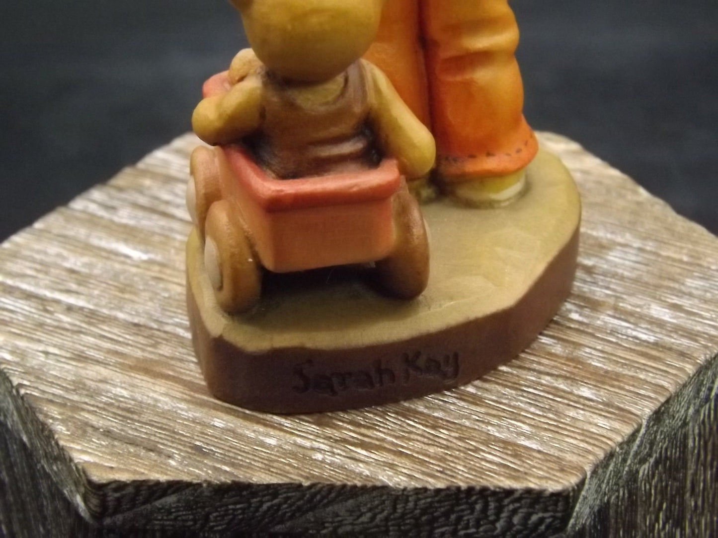 Vintage Anri Wood Figurine: Boy with Teddy Bear Wagon, Sarah Kay Design