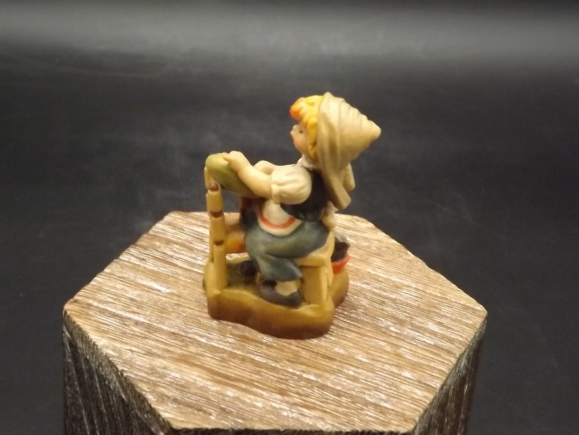 Vintage Anri Wood Figurine: Girl Sewing Heart, Juan Ferrandiz Design