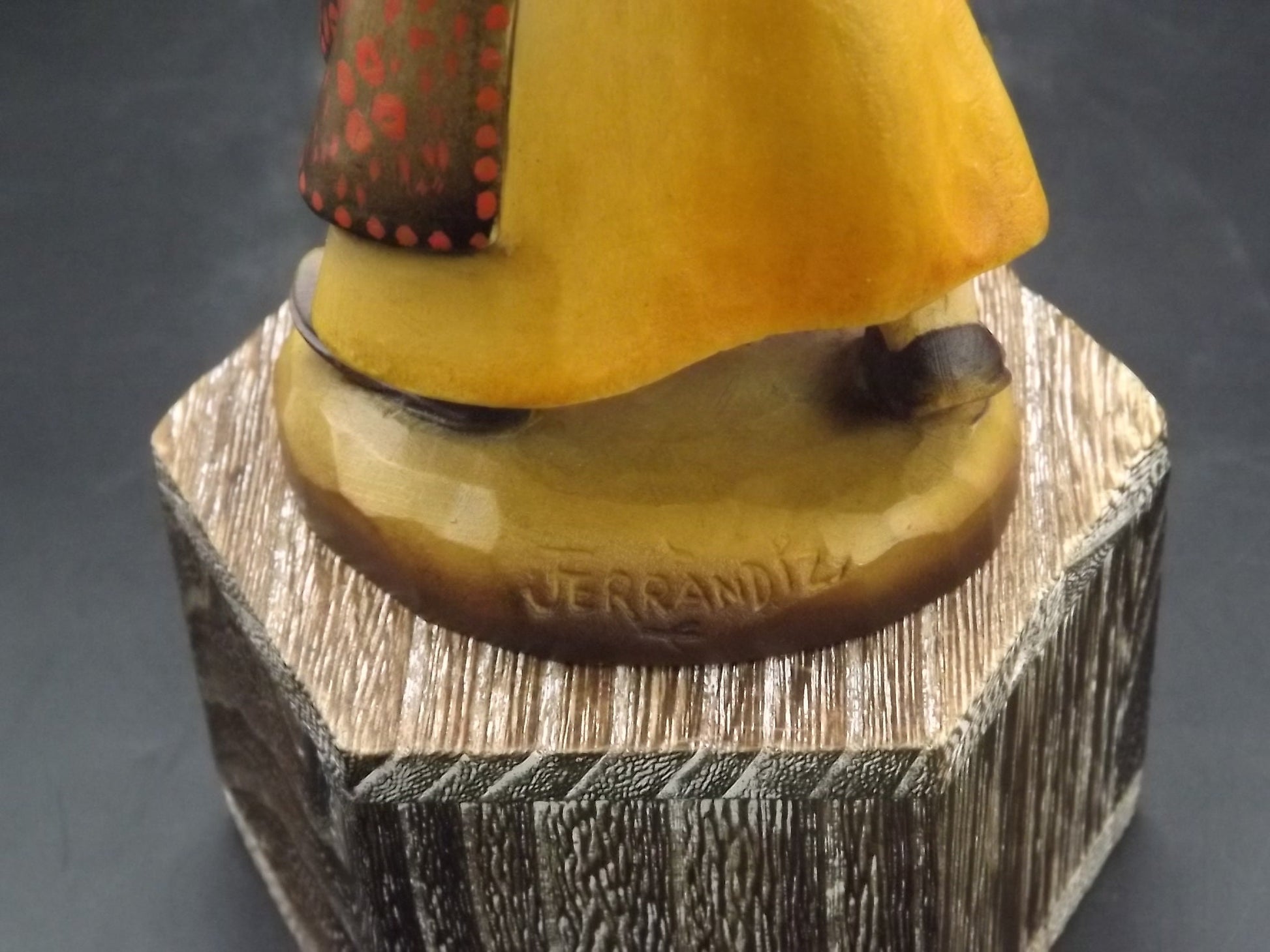 Vintage Anri "Golden Sheaves" carved wood figurine. Designed by Juan Ferrandiz numbered 338/2250. Young girl holding a sheaf of grain.