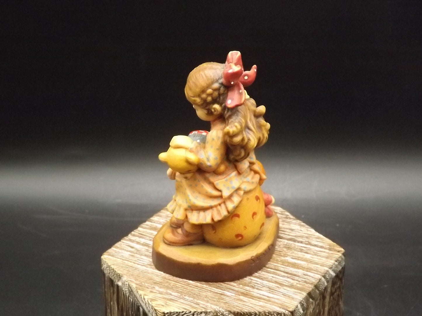 Vintage Anri "Good as new" carved wood figurine. Designed by Sarah Kay numbered 2057/4000. Young girl repairing her Teddy Bear.