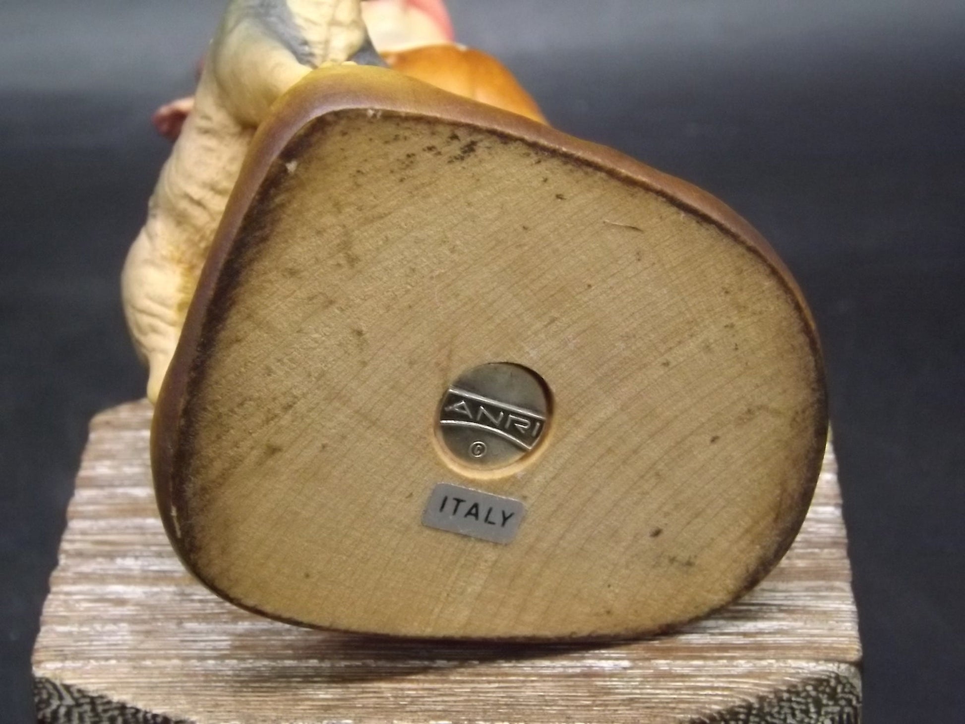 Vintage Anri "High Hopes" carved wood figurine. Designed by Juan Ferrandiz. Young boy with his pet dog and a bird perched on his shoulder.