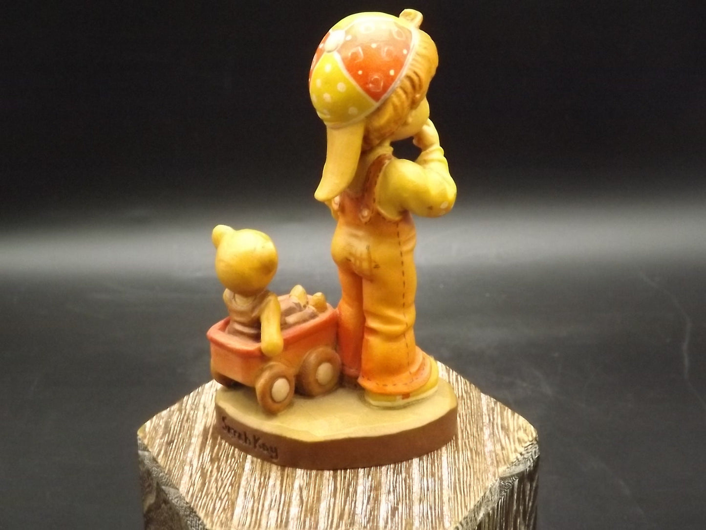 Vintage Anri Wood Figurine: Boy with Teddy Bear Wagon, Sarah Kay Design