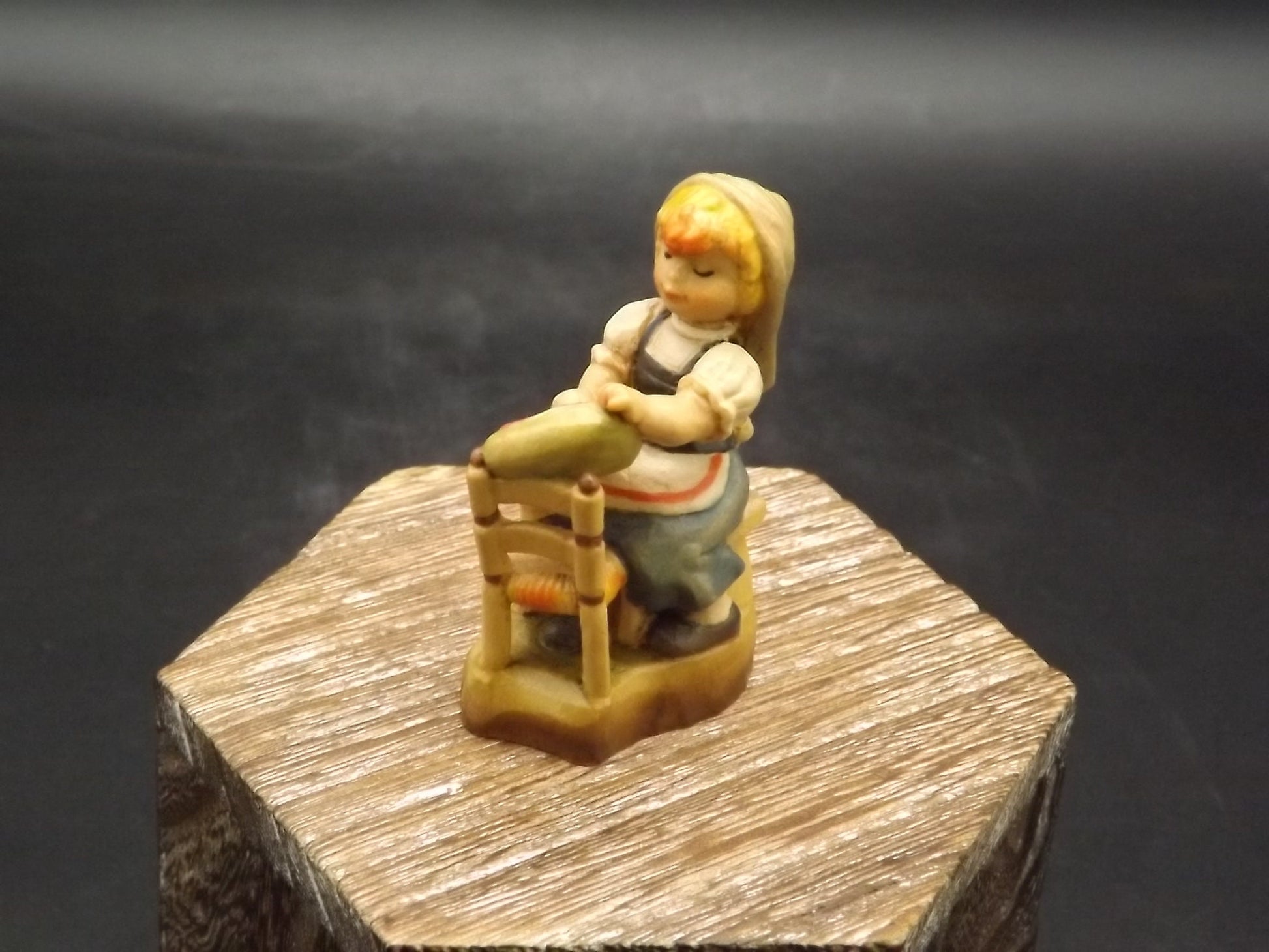 Vintage Anri Wood Figurine: Girl Sewing Heart, Juan Ferrandiz Design
