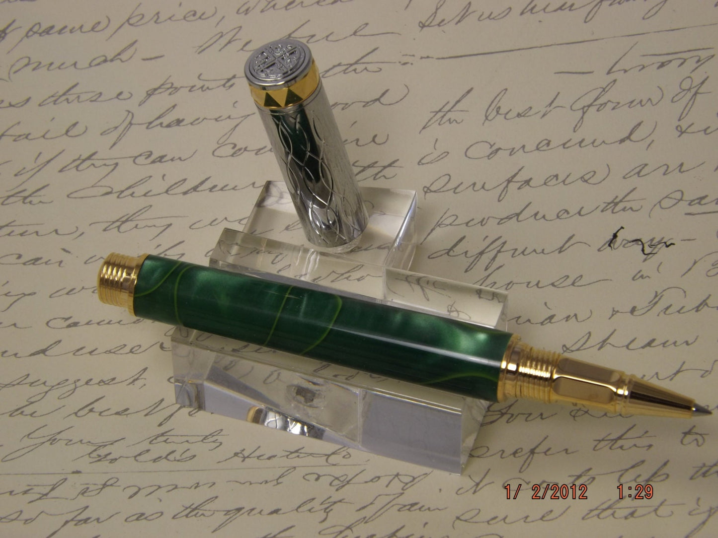 Handmade Green swirled Acrylic Elektra Rollerball Pen.