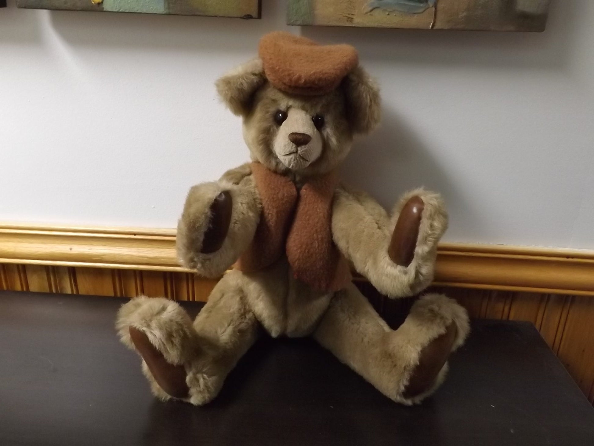 Vintage 1999 artist crafted Teddy Bear. This jointed bear is well crafted by Karen Nicodemus who creates by repurposing old coats into art.