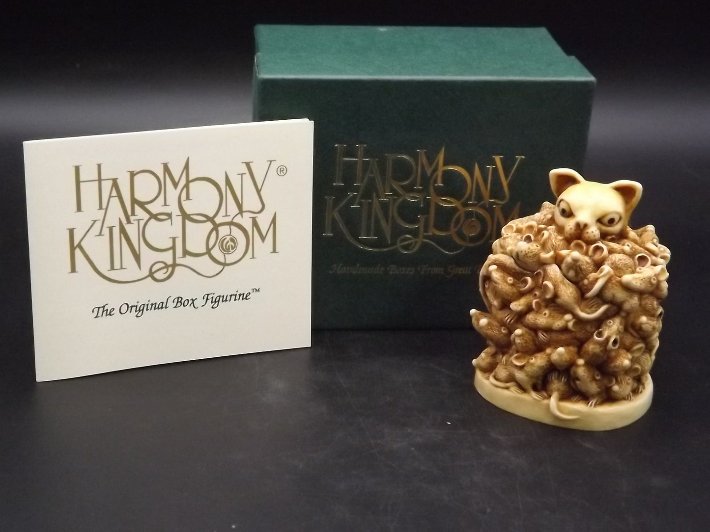 Retired 1994 Harmony Kingdom "Too Much of a Good Thing" Jest Figurine with box. Excellent condition. Cat surrounded by Mice.