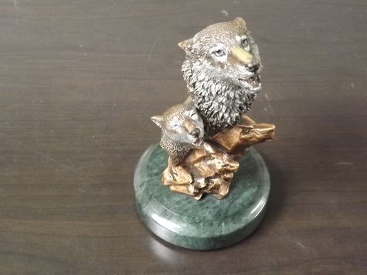 Vintage 1994 Kitty Cantrell Legends mixed media sculpture "Wild Music" Wolf and pup howling on marble base. Limited Edition 857/2500.