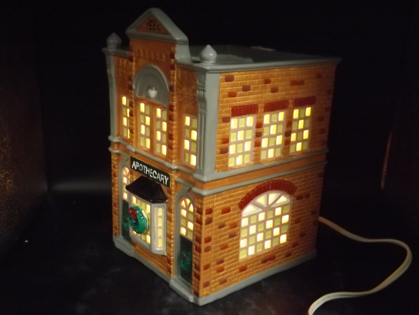 Vintage 1986 Snow Village "Apothecary" Drug Store building figurine for seasonal display village scenes. With box.