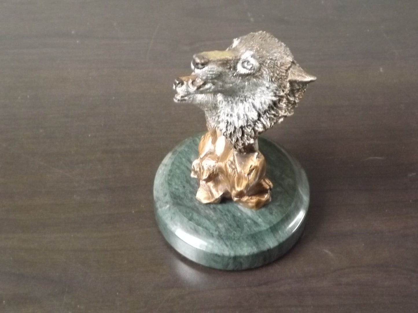 Vintage 1994 Kitty Cantrell Legends mixed media sculpture "Wild Music" Wolf and pup howling on marble base. Limited Edition 857/2500.