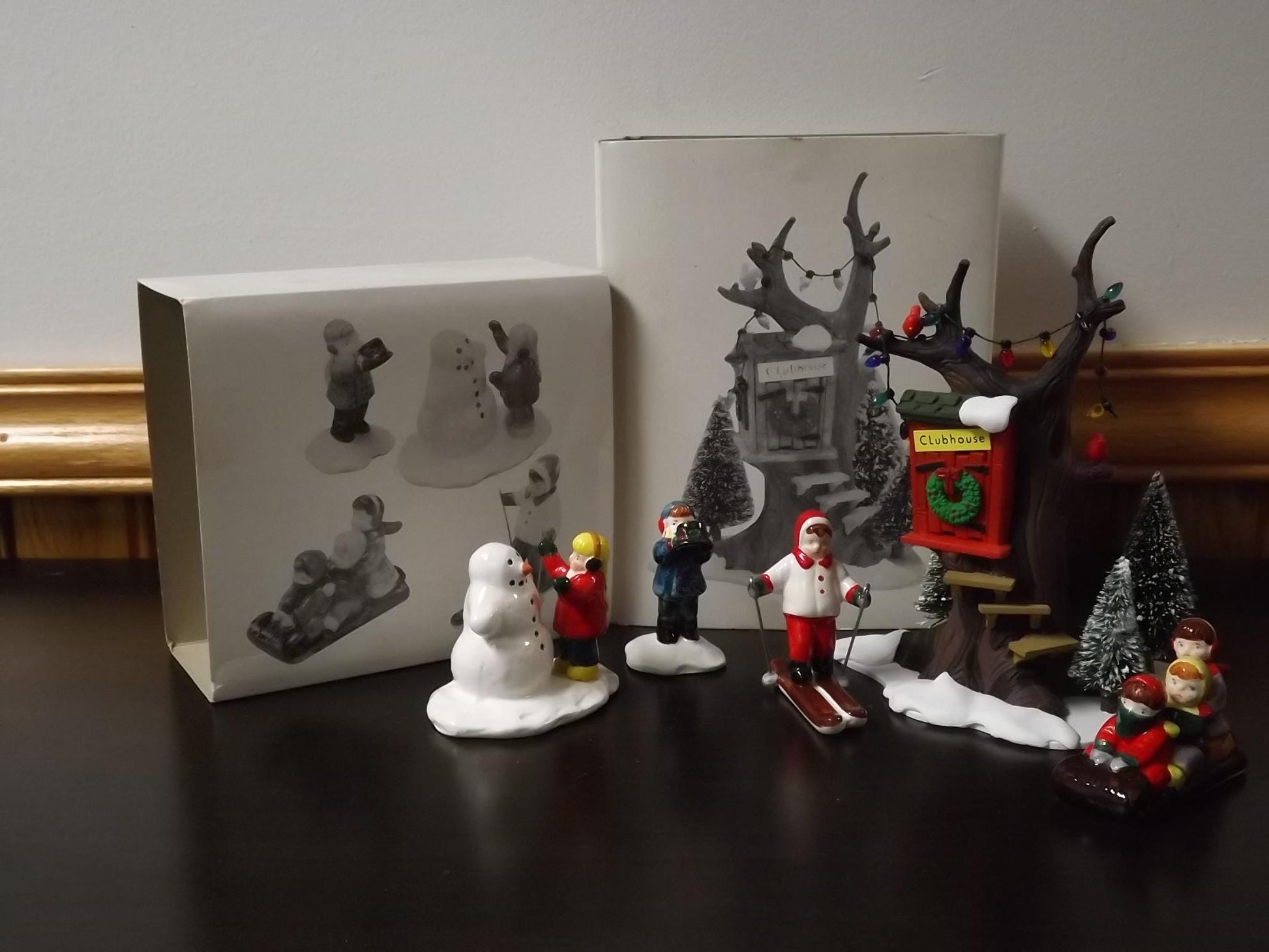 Vintage Snow Village "Kids Tree House and Snow Kids" figurines seasonal display children playing in the snow. With box