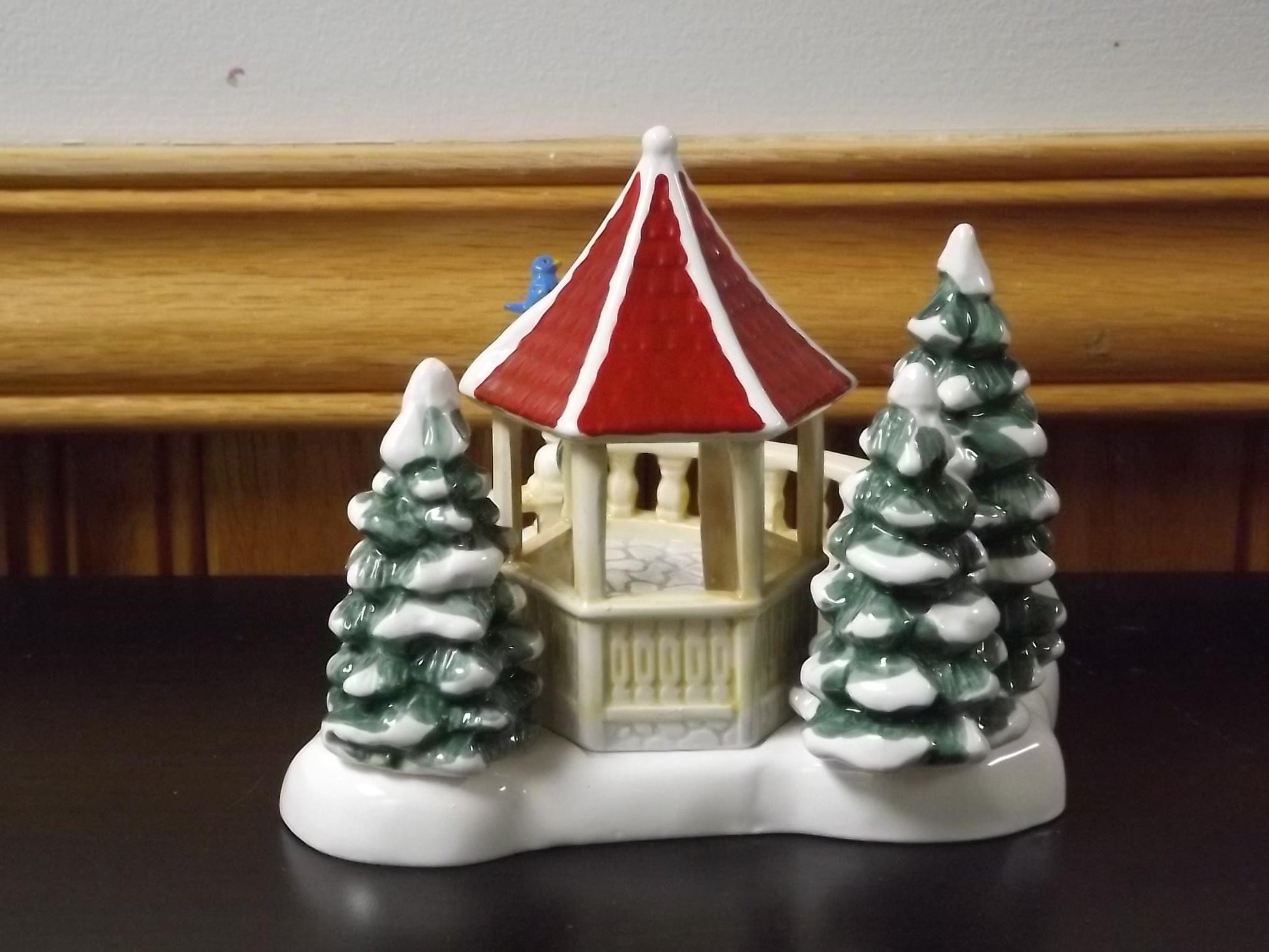 Vintage 1989 Snow Village Gazebo with Skaters: Seasonal Display with Box & COA