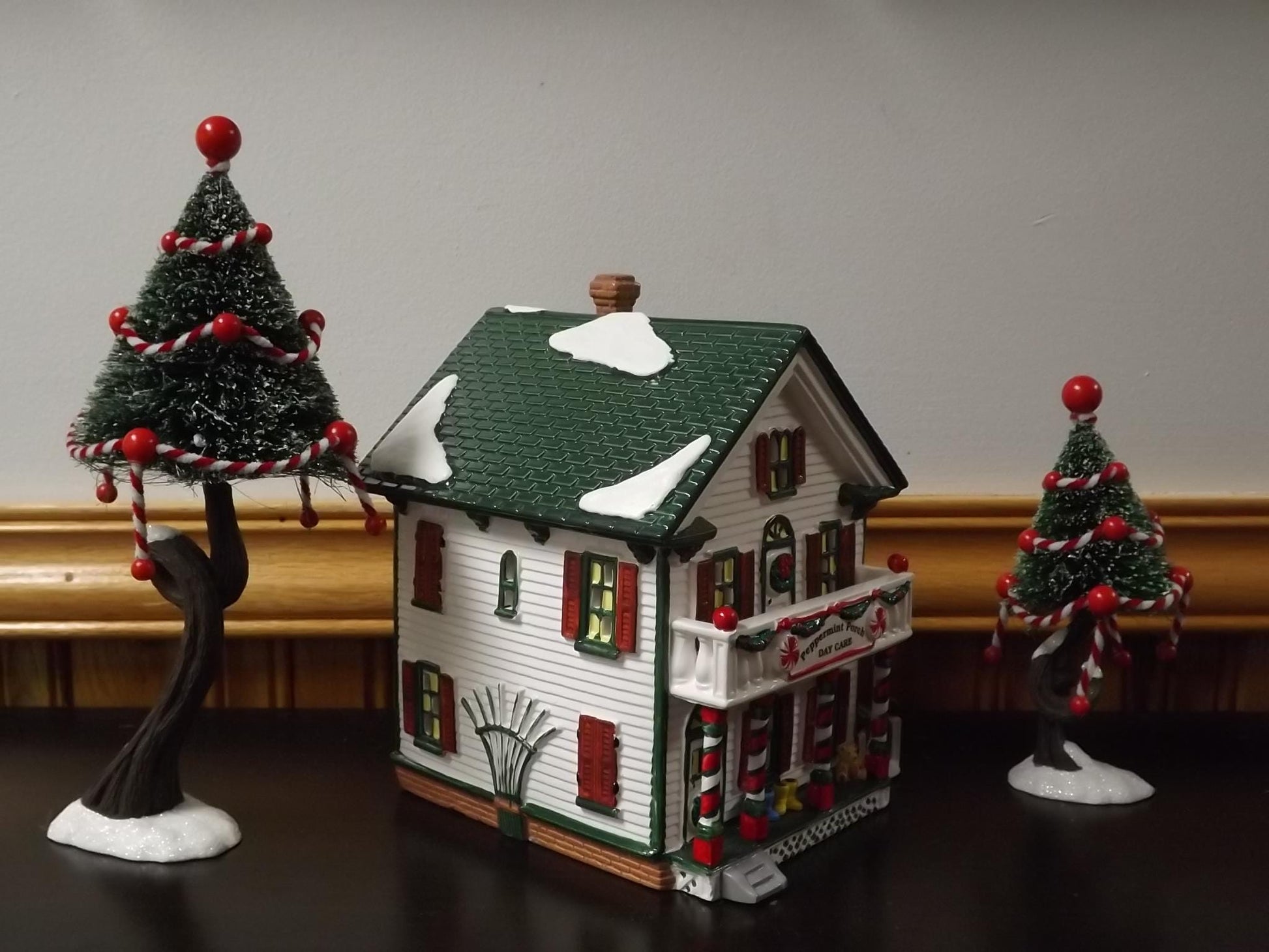 Vintage 1995 Snow Village Peppermint Porch Daycare: Illuminated Christmas Village Display