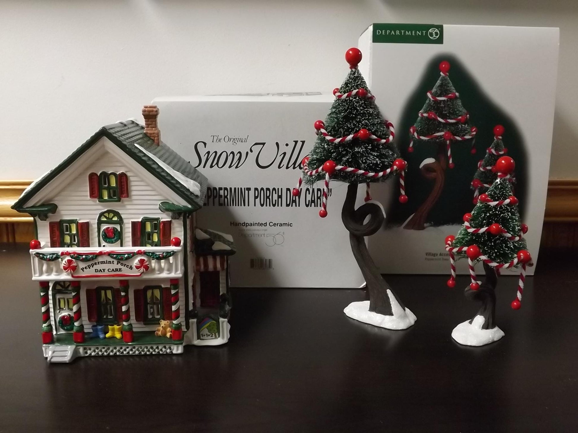 Vintage 1995 Snow Village Peppermint Porch Daycare: Illuminated Christmas Village Display