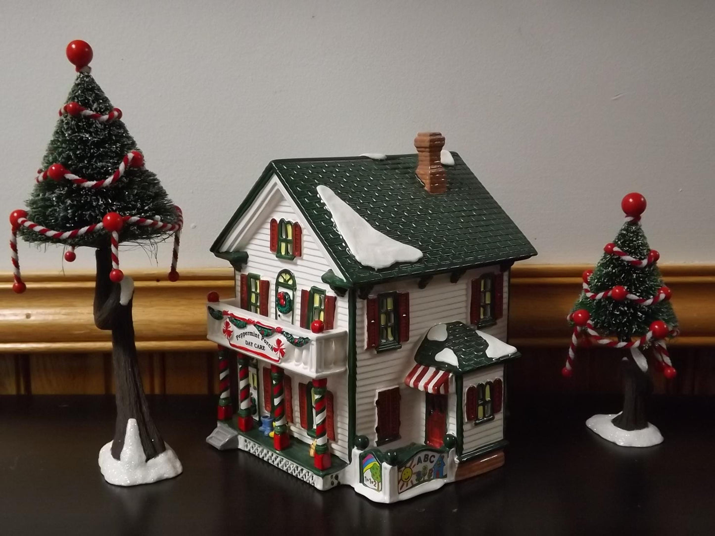 Vintage 1995 Snow Village Peppermint Porch Daycare: Illuminated Christmas Village Display