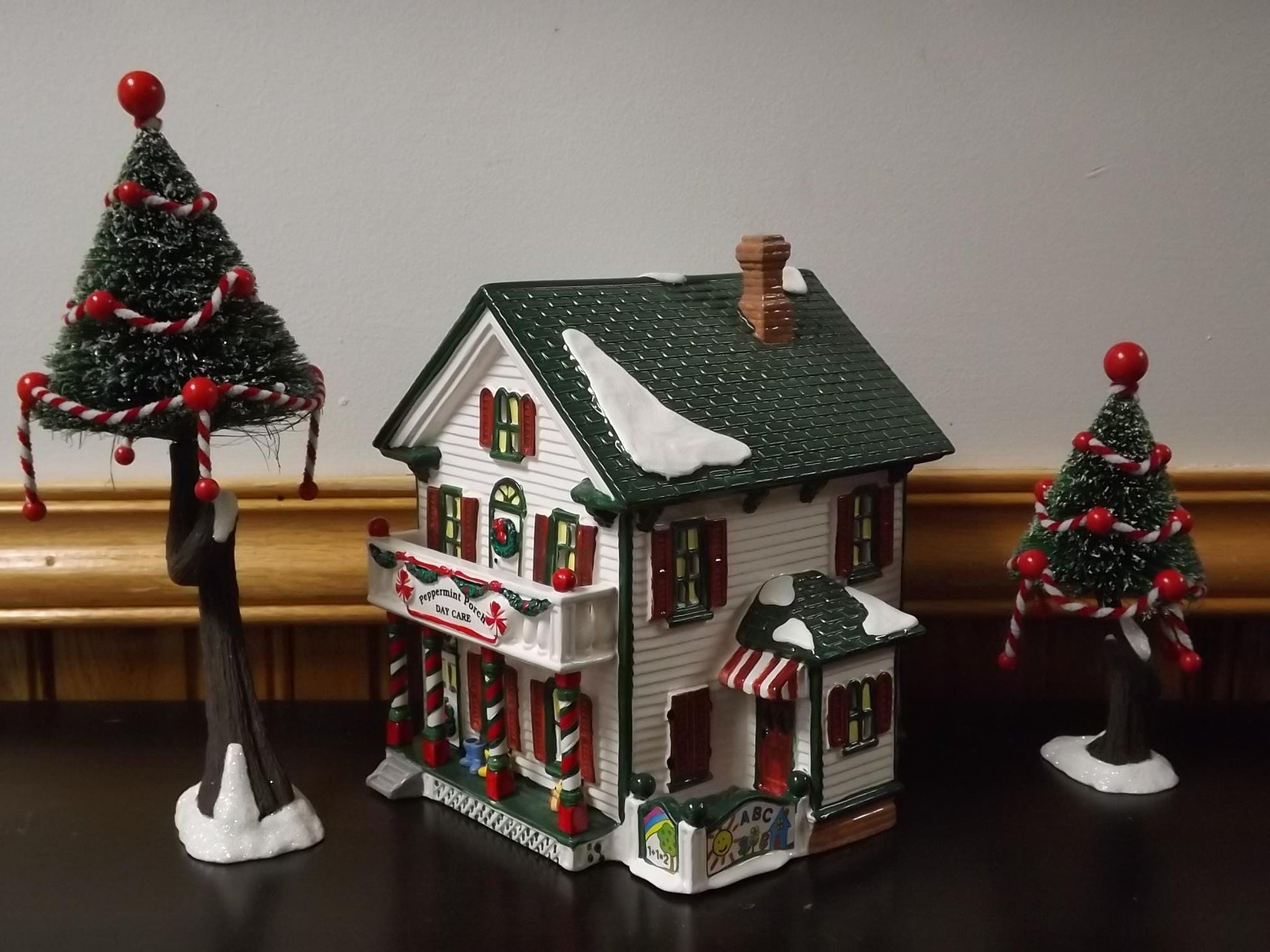 Vintage 1995 Snow Village Peppermint Porch Daycare: Illuminated Christmas Village Display