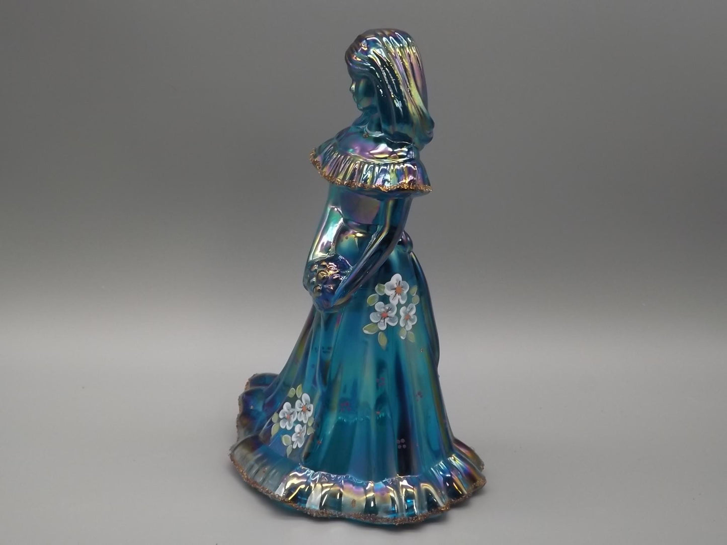 Vintage Fenton Bridesmaid Figurine: Iridescent Blue Glass, Hand-Painted