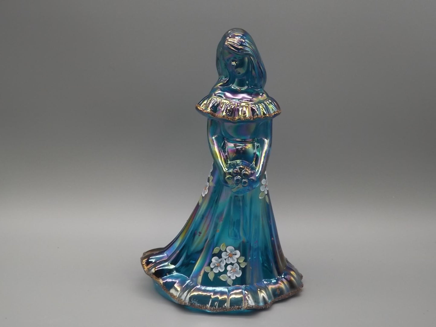 Vintage Fenton Bridesmaid Figurine: Iridescent Blue Glass, Hand-Painted
