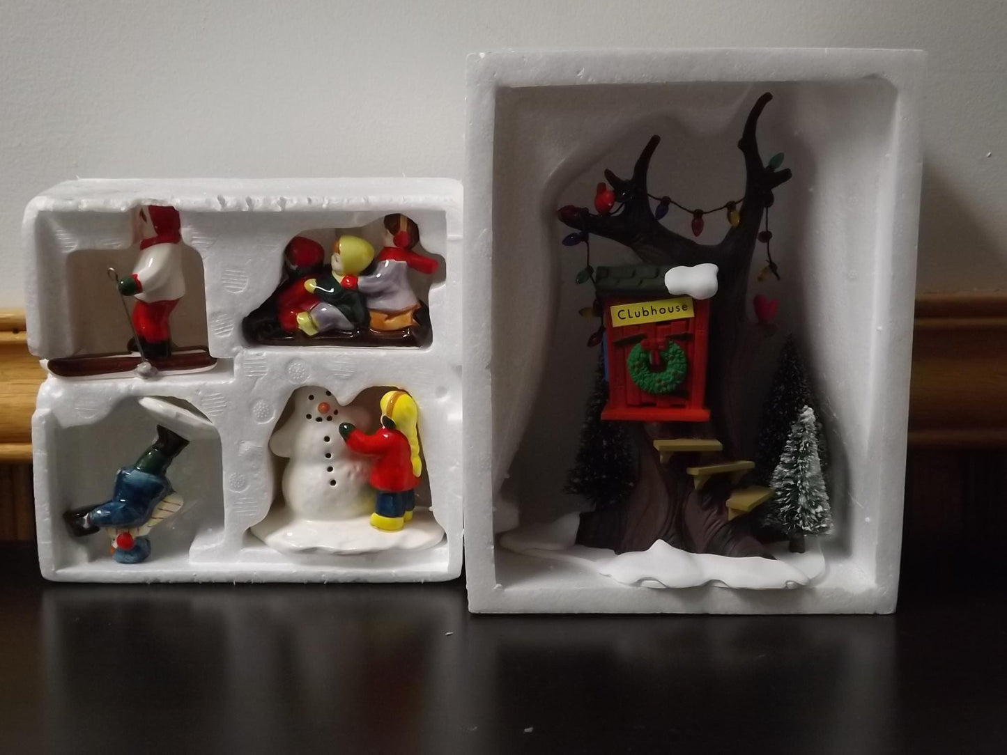 Vintage Snow Village "Kids Tree House and Snow Kids" figurines seasonal display children playing in the snow. With box