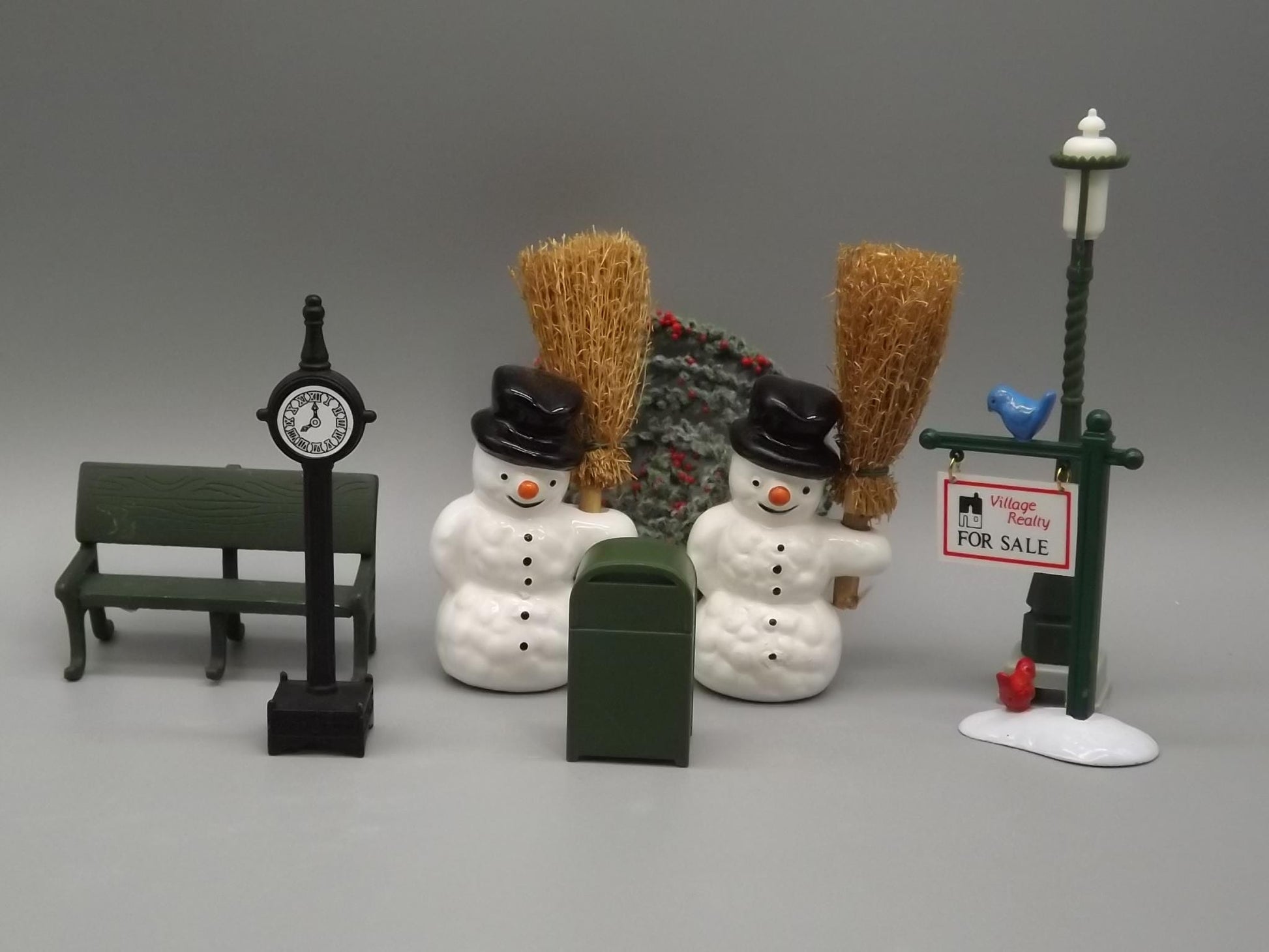 Vintage Snow Village Accessories: Snowmen, Bench, Clock, Sign