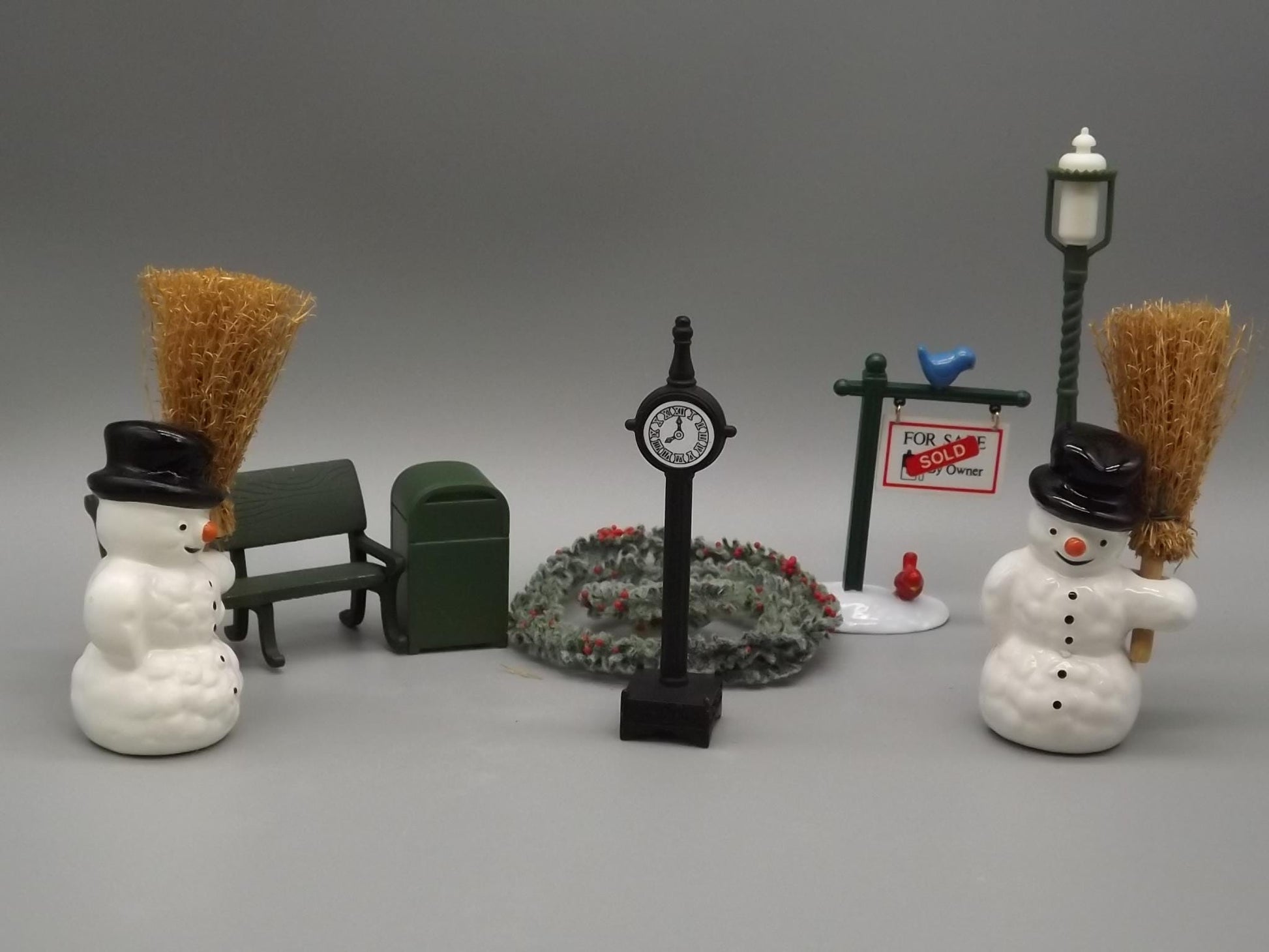 Vintage Snow Village Accessories: Snowmen, Bench, Clock, Sign