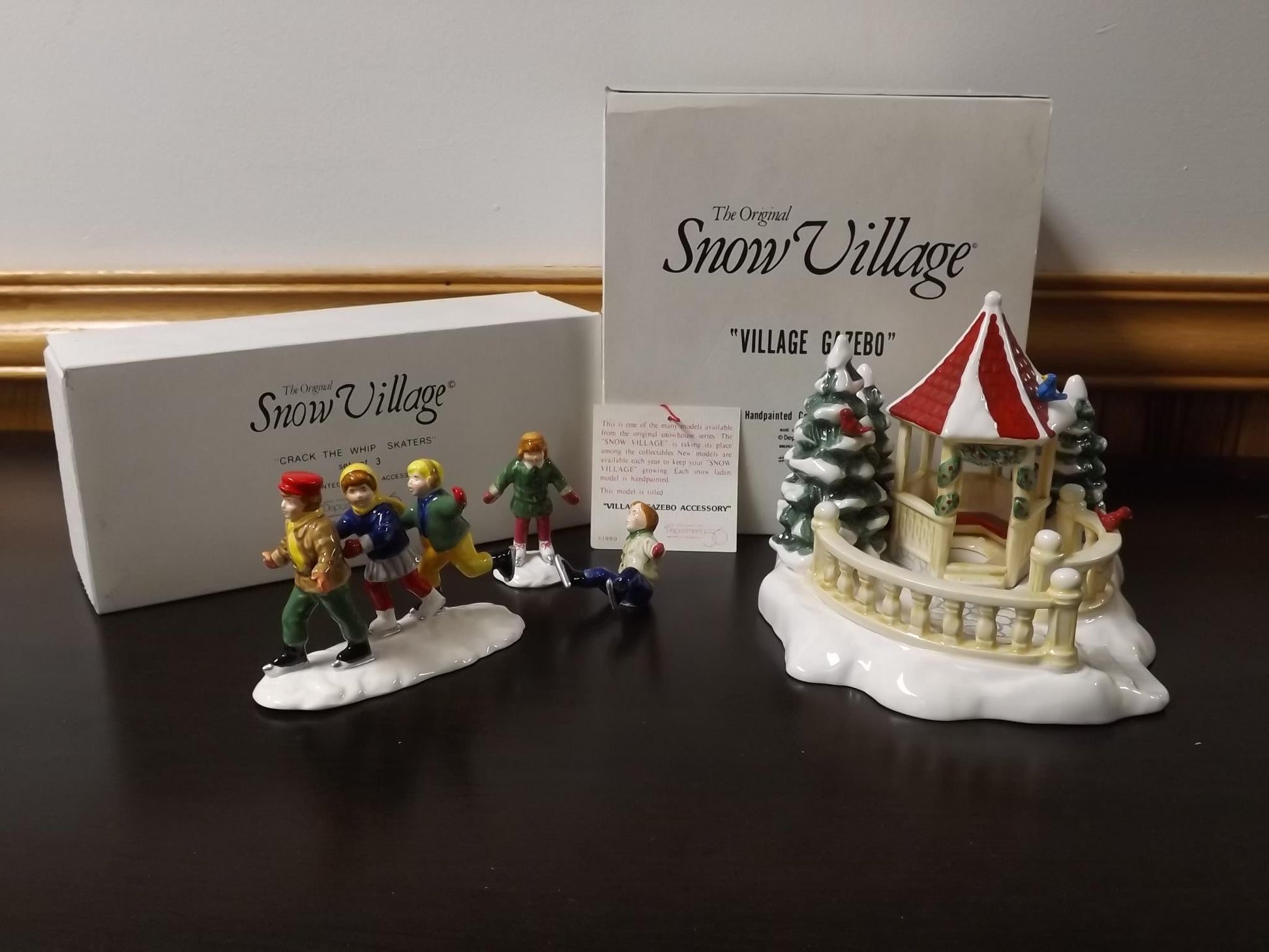 Vintage 1989 Snow Village Gazebo with Skaters: Seasonal Display with Box & COA