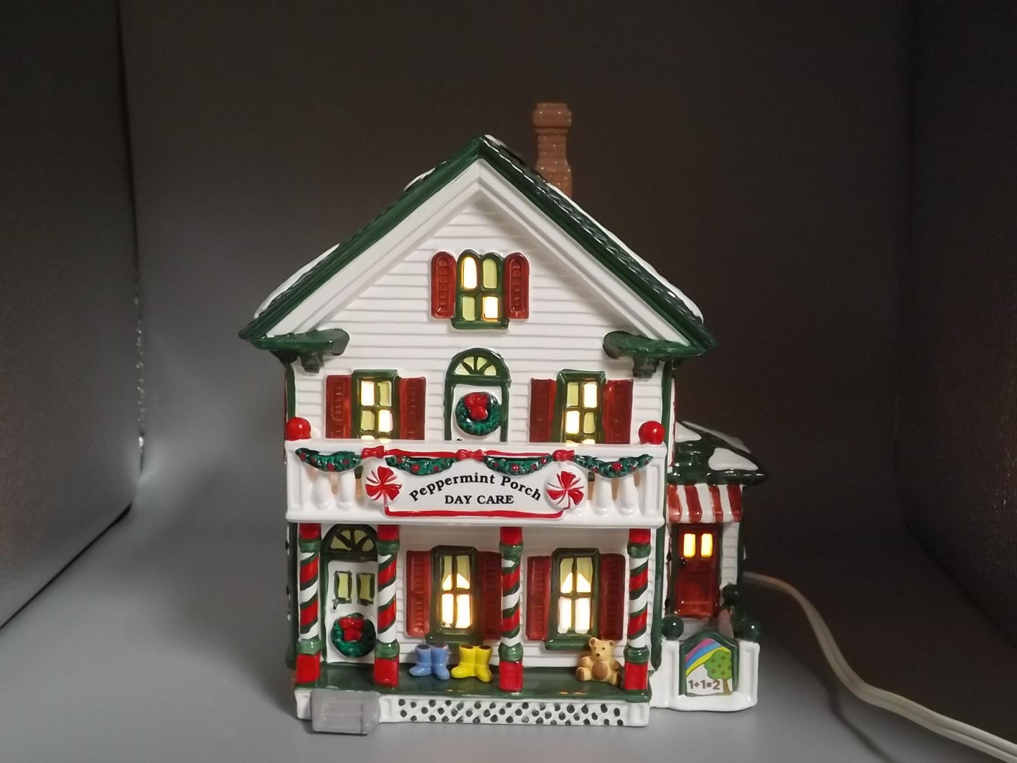 Vintage 1995 Snow Village Peppermint Porch Daycare: Illuminated Christmas Village Display