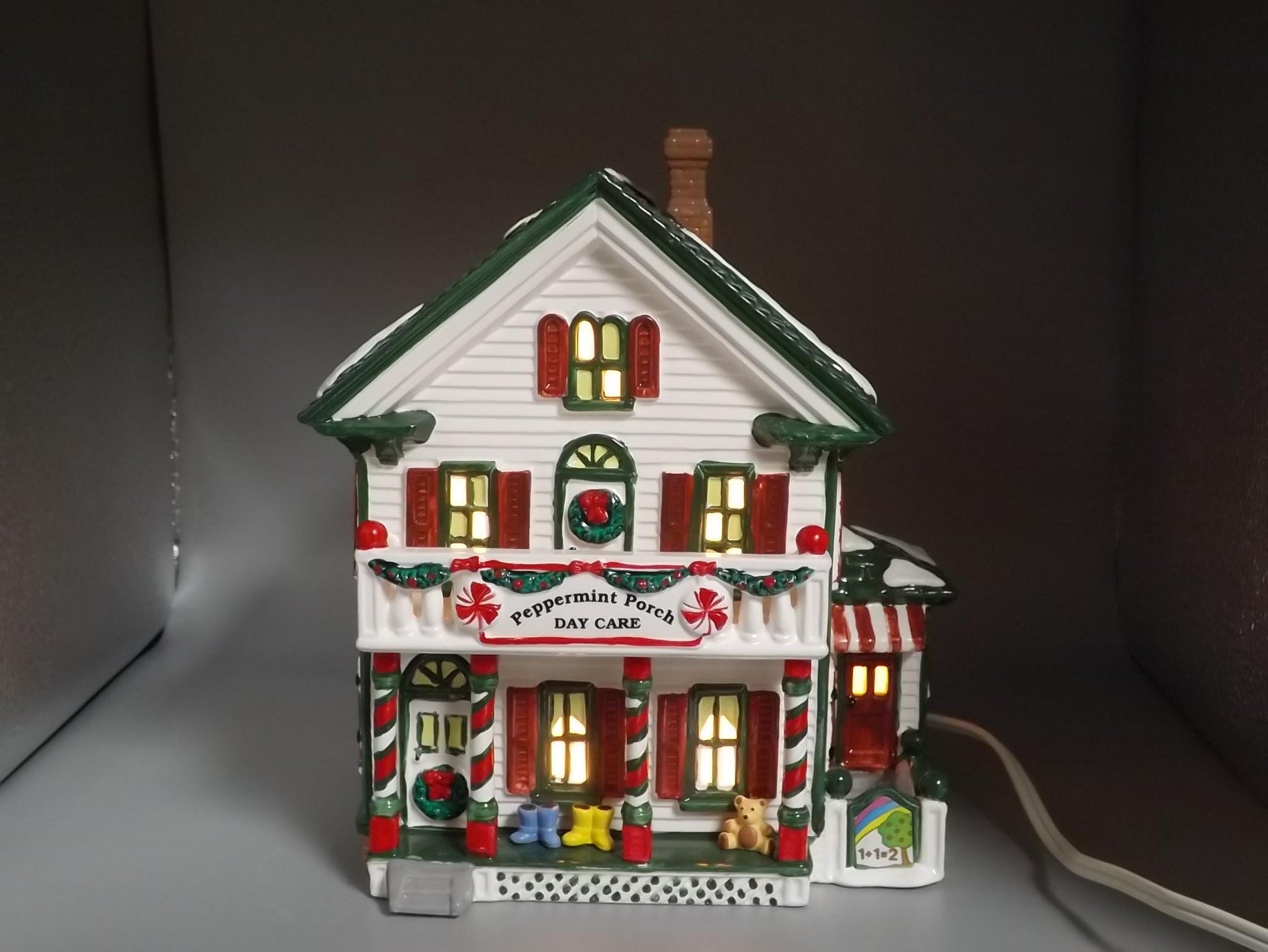 Vintage 1995 Snow Village Peppermint Porch Daycare: Illuminated Christmas Village Display