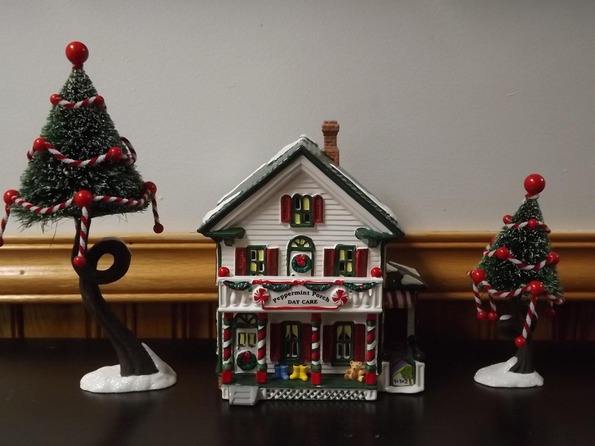 Vintage 1995 Snow Village Peppermint Porch Daycare: Illuminated Christmas Village Display