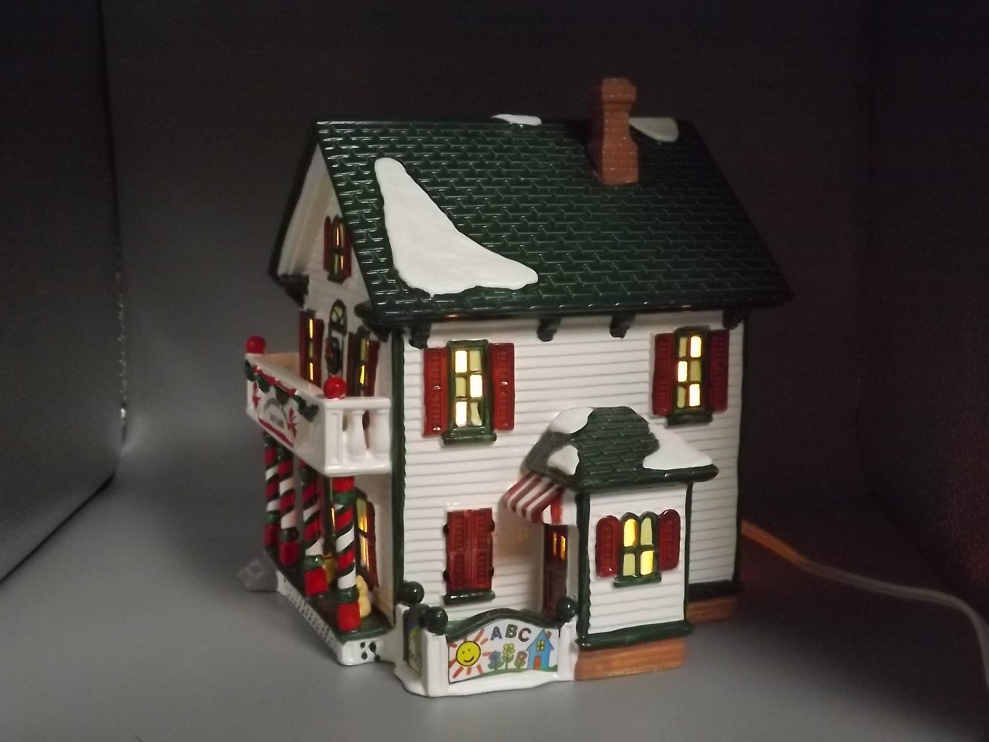 Vintage 1995 Snow Village Peppermint Porch Daycare: Illuminated Christmas Village Display